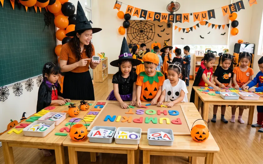 Không khí vui nhộn khi các bé ghép chữ cái theo chủ đề lễ hội Halloween