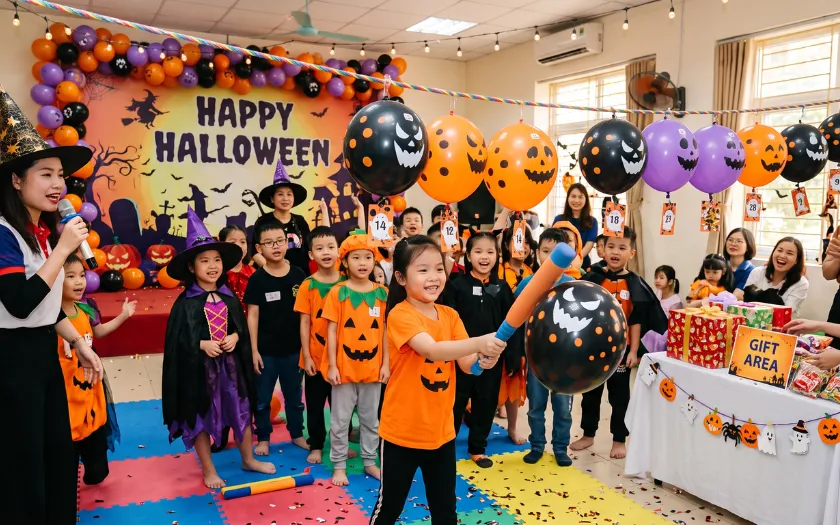 Các bé hào hứng tham gia thử thách đập bóng ma để nhận quà 