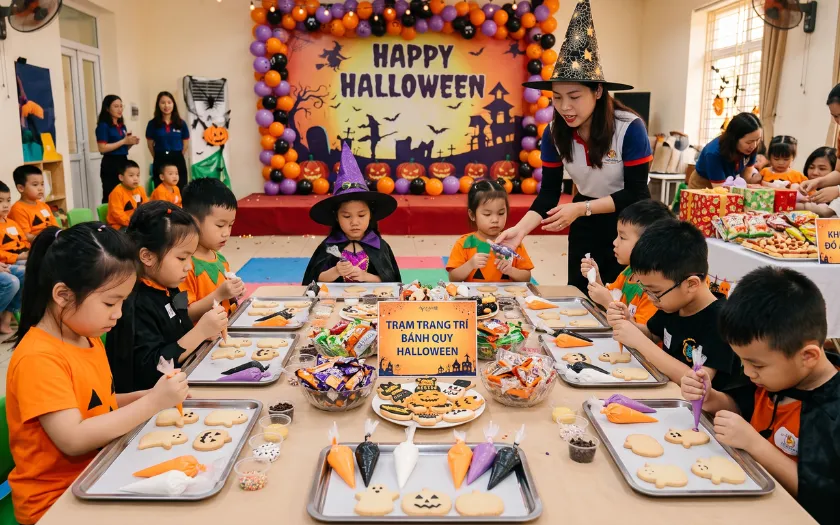 Trẻ nhỏ tự tay trang trí bánh quy về chủ đề Halloween đầy màu sắc 