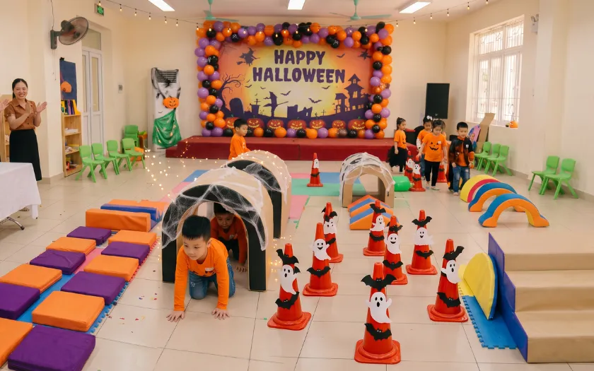 Các em nhỏ chinh phục thử thách Ngôi nhà ma trong lễ hội Halloween