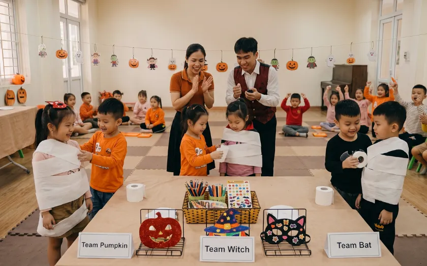 Các bé thi làm xác ướp Halloween bằng giấy với những màn “quấn băng” hài hước