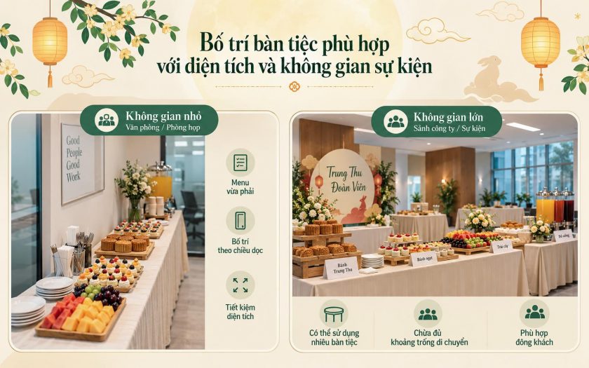 Gợi ý bố trí tiệc ngọt Trung Thu cho công ty theo diện tích và không gian sự kiện.